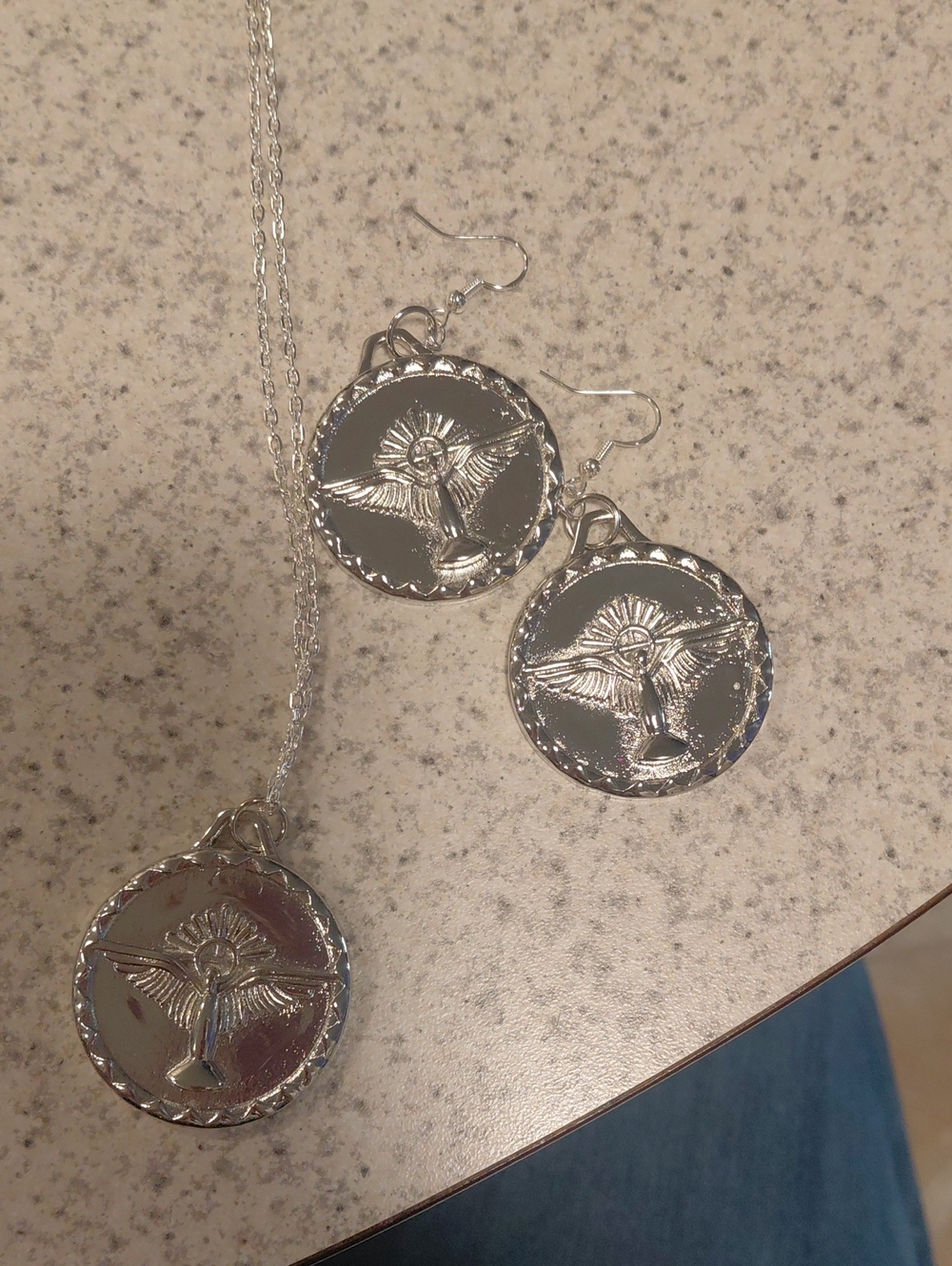 Silver Angel Medallion Necklace & Earrings Set